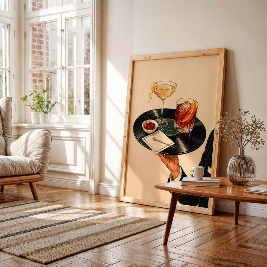 Martini wall art with cocktails on vinyl record tray