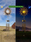 Sunburst solar hanging wind chime with filigree cutouts and warm light.