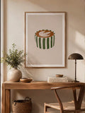 Coffee wall art framed vertical print with green striped cup tan latte art and beige wood tones