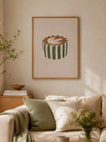 Minimalist coffee print sofa room mockup with latte art poster and Scandinavian neutral styling