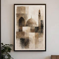 Abstract mosque art in light wood frame with calm watercolor brush texture