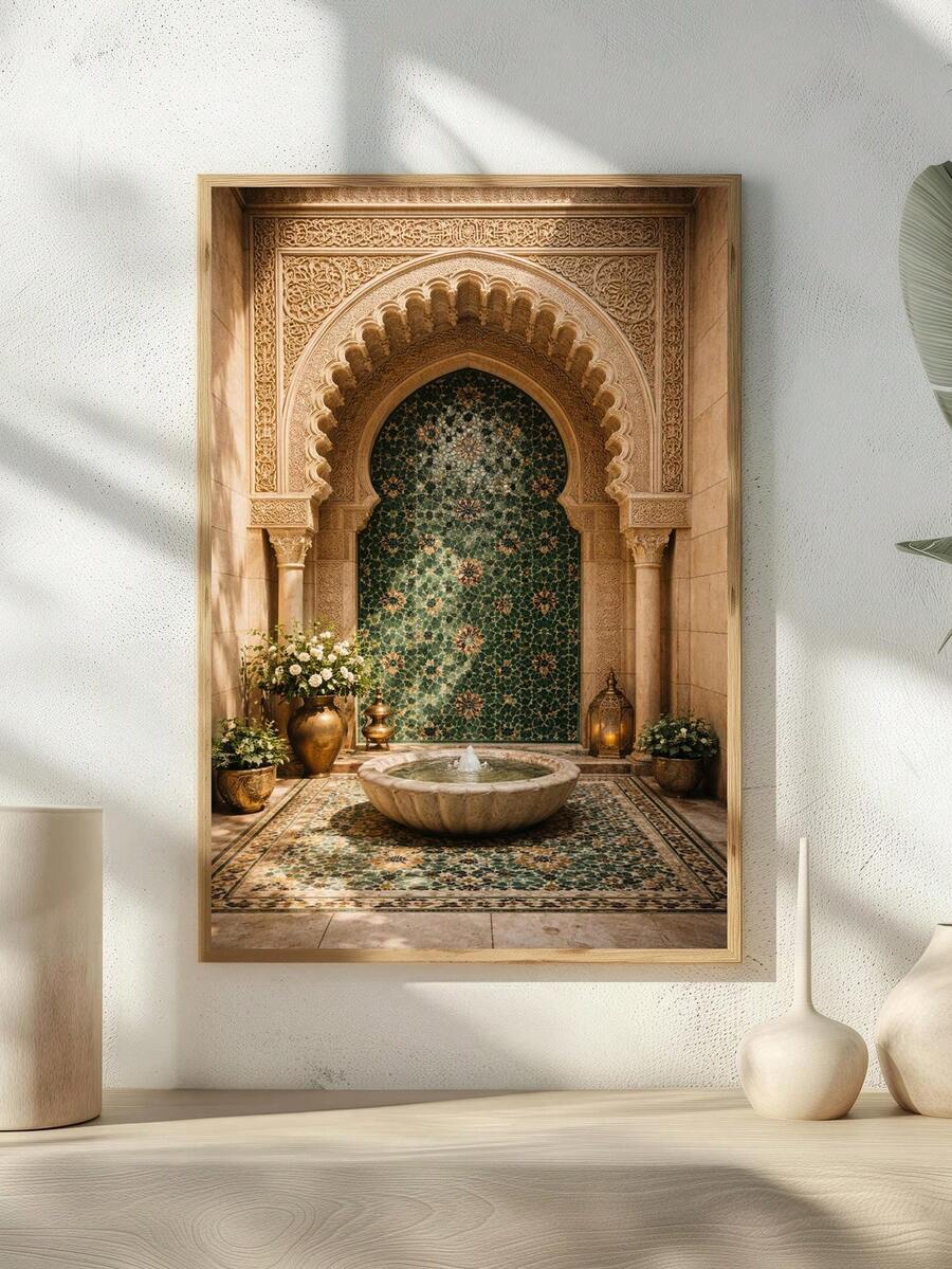 Islamic geometric door wall art in wood-look frame