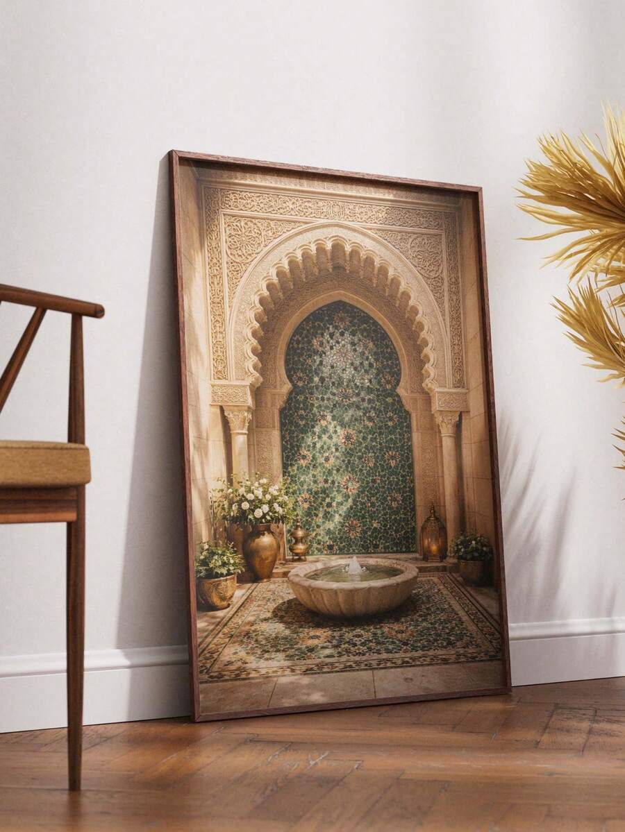 Boho global wall art with Moroccan architecture and warm neutral palette