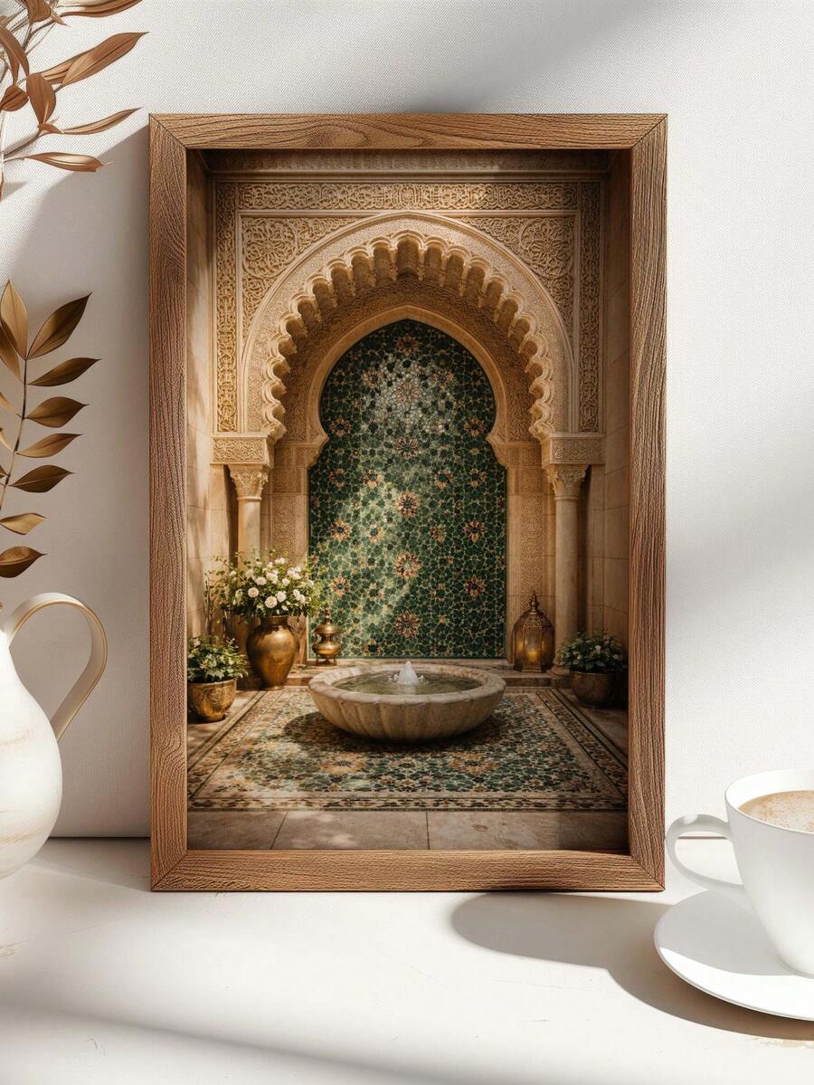 Boho global wall art with Moroccan architecture and warm neutral palette