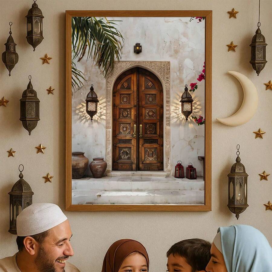 Islamic wall art showing green tile niche courtyard fountain and architectural detail