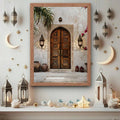 Framed Moroccan door canvas print with cream stone brass lanterns and boho decor style