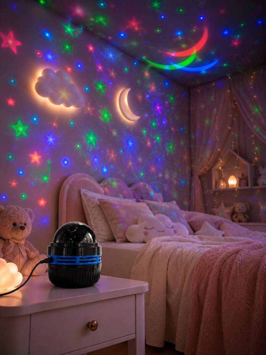 USB star and moon rotating projector lamp casting multicolor ceiling patterns.