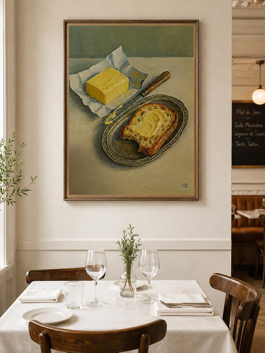 Vintage bread and salted butter still life canvas art with toast knife and ornate metal plate