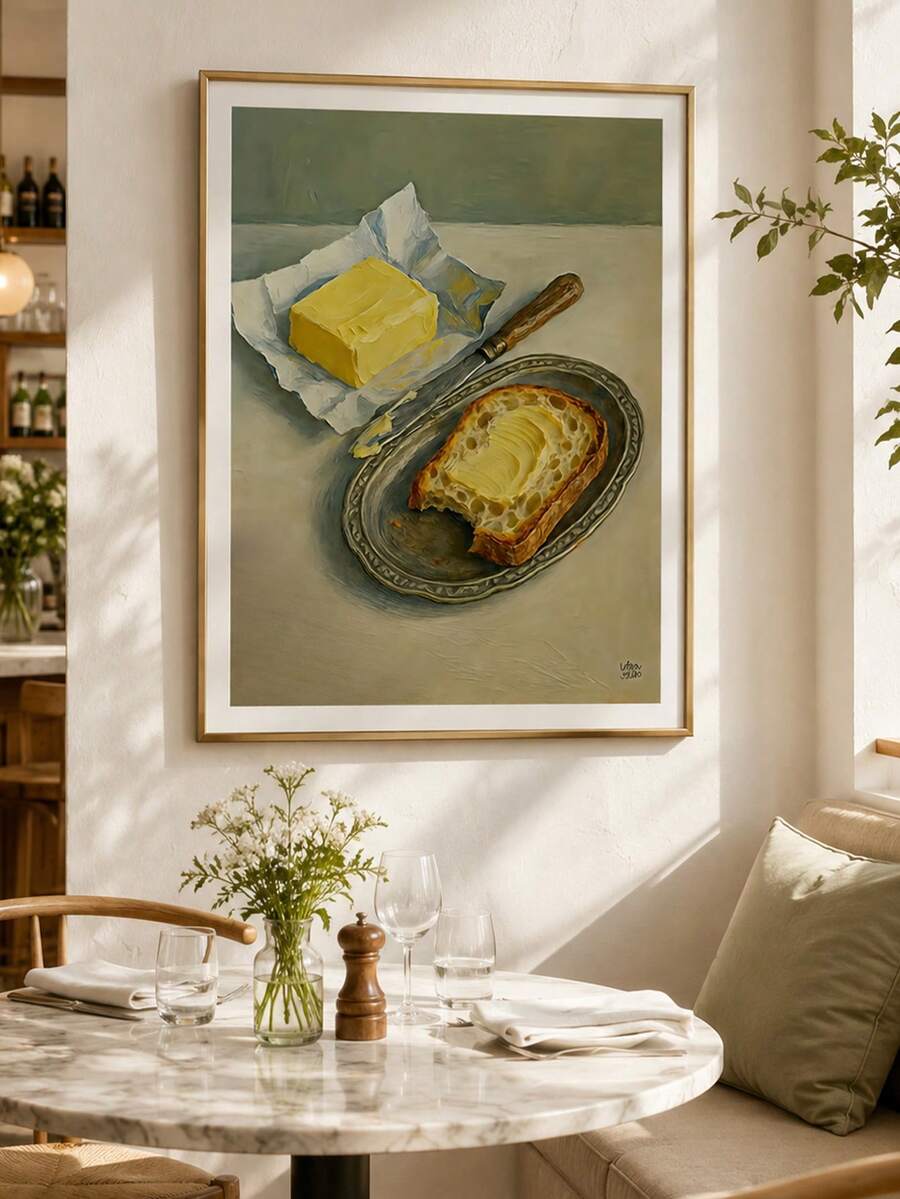 Vintage bread and salted butter still life canvas art with toast knife and ornate metal plate