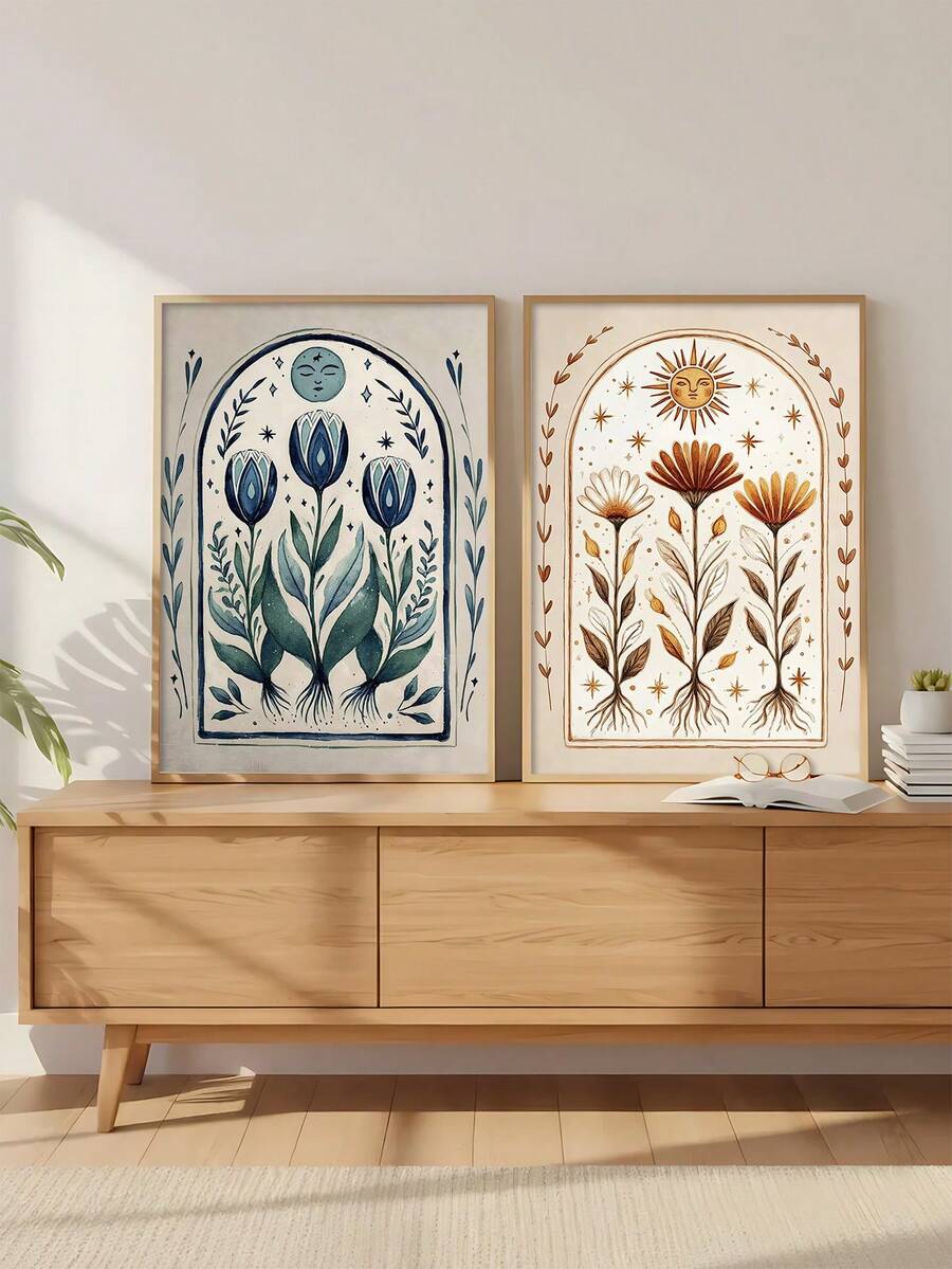 Framed two piece coastal canvas print set with muted sunset mood