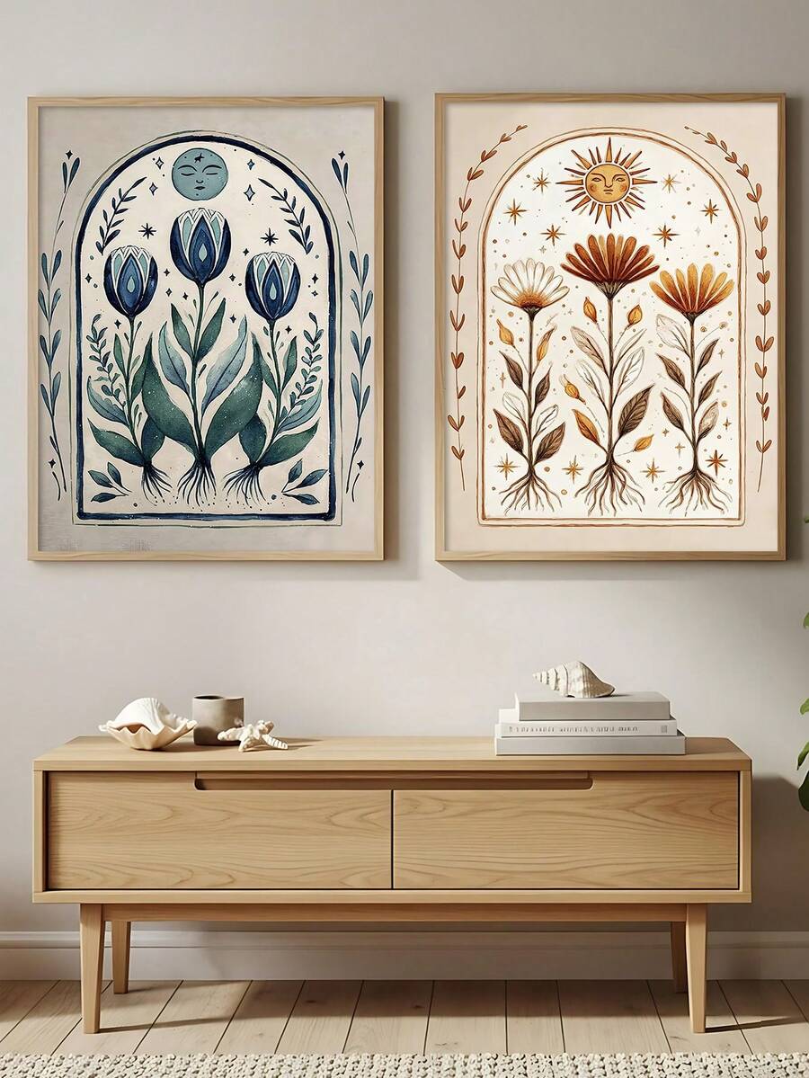 Calm boho landscape poster pair with seafoam water and bird silhouettes