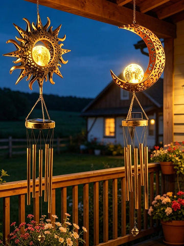 Solar sun and moon wind chime lights glowing warm amber outdoors.