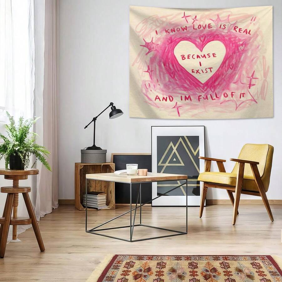 Pink heart letter tapestry with love quote on cream background in room mockup