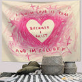 Black red figure quote tapestry with bold white lettering on wall