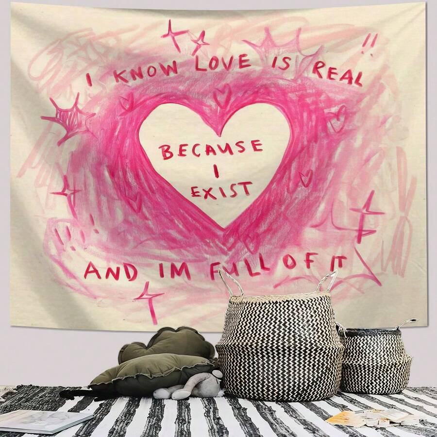Black red figure quote tapestry with bold white lettering on wall