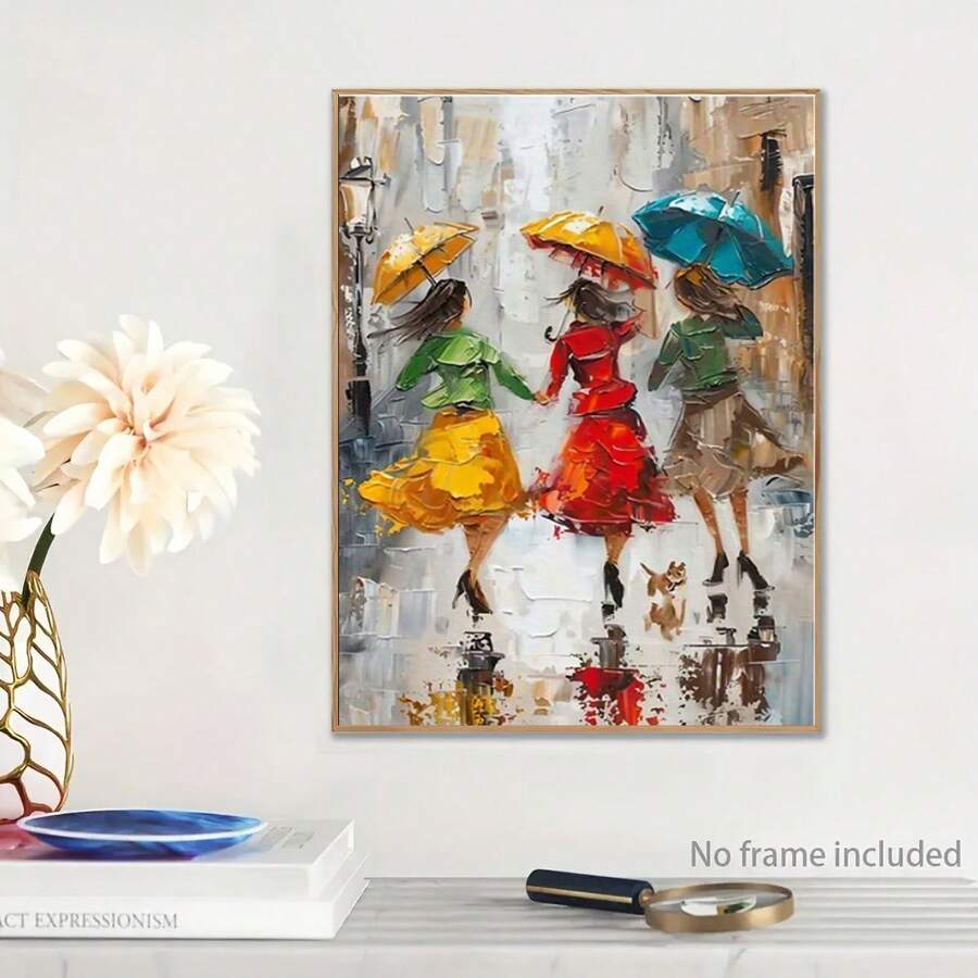 Three women dancing in rain umbrella wall art