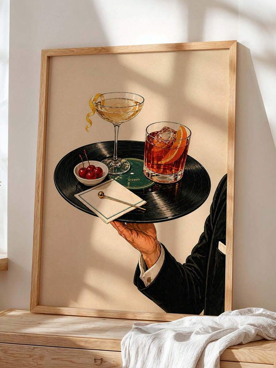 Framed vintage cocktail wall art showing drinks served on vinyl record tray