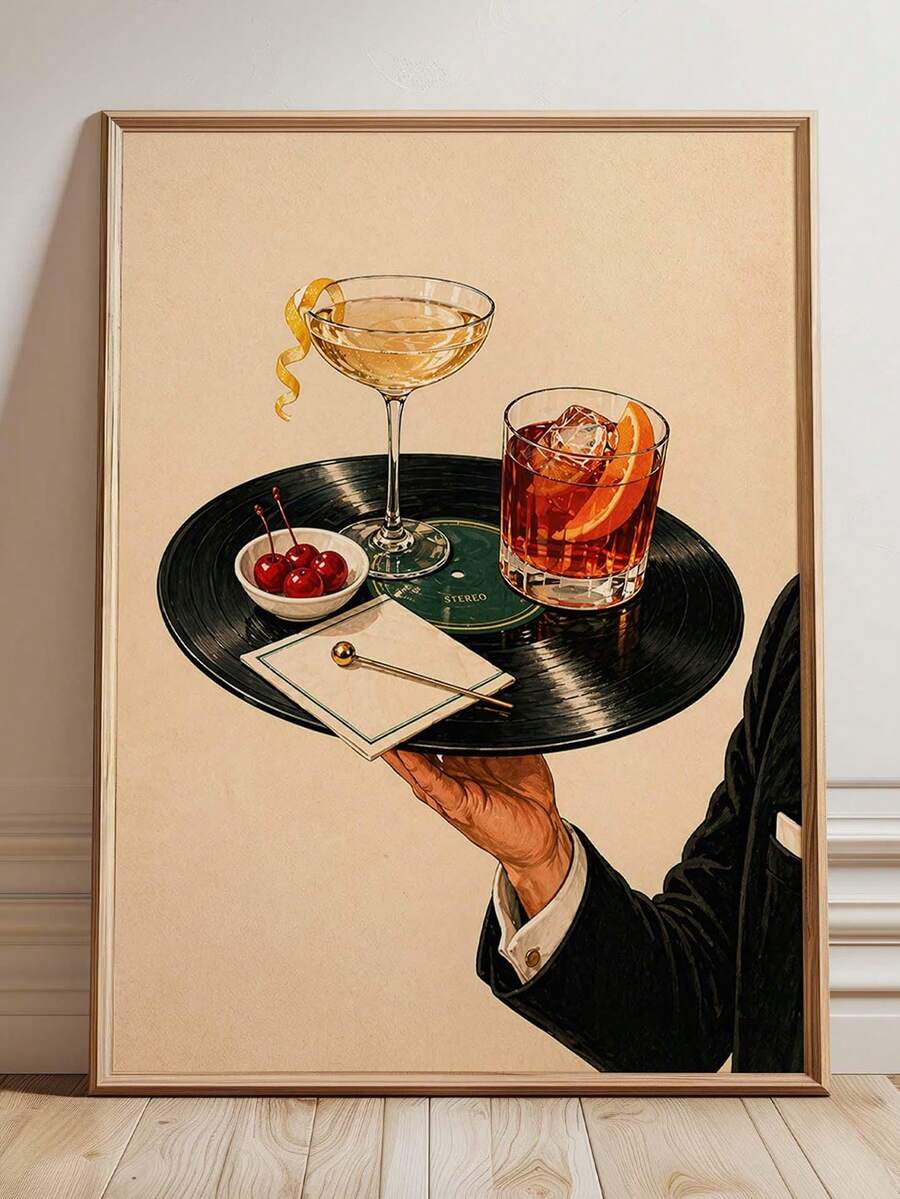 Framed vintage cocktail wall art showing drinks served on vinyl record tray