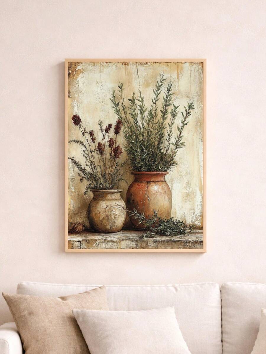 Dried flower wall art on stool with ceramic pots herbs cream background and wood frame