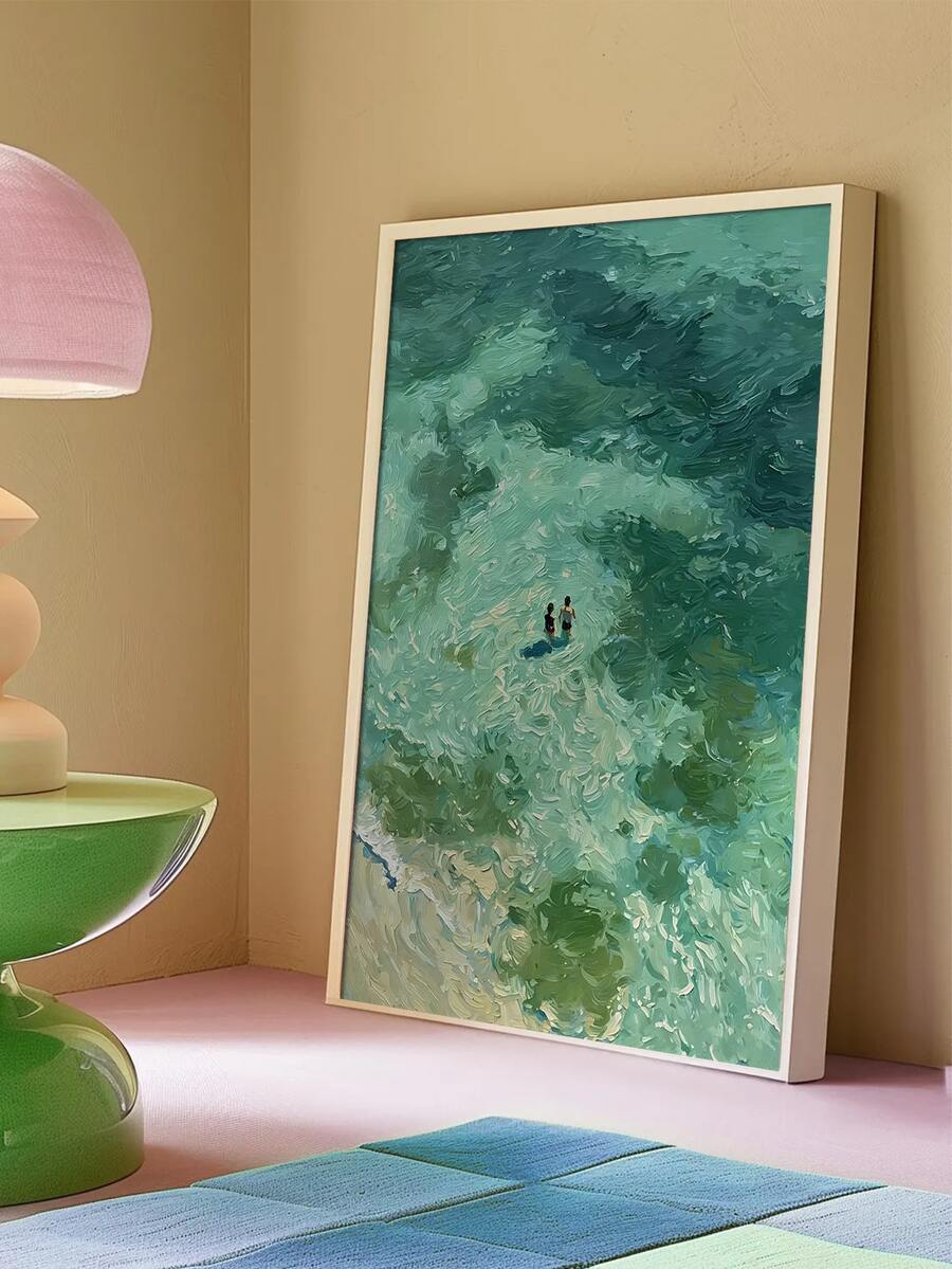 Turquoise abstract sea canvas poster displayed in a soft pastel room