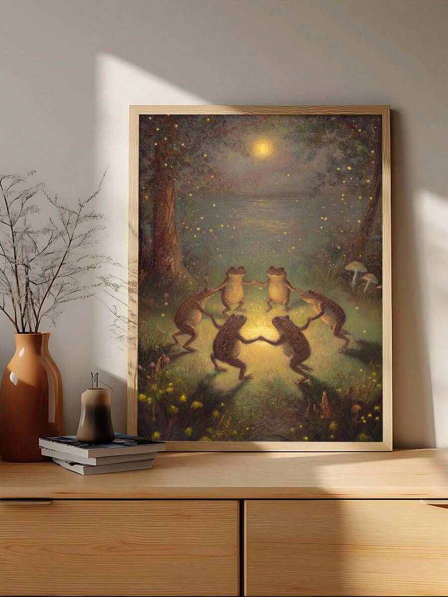 Dancing frog wall art with cute frogs in moonlit forest and fireflies