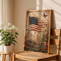 Vintage American flag botanical canvas print displayed on wooden chair beside potted plant