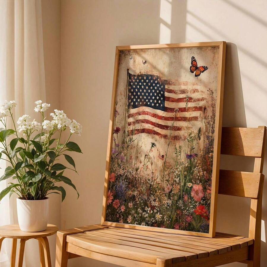 Vintage American flag botanical canvas print displayed on wooden chair beside potted plant