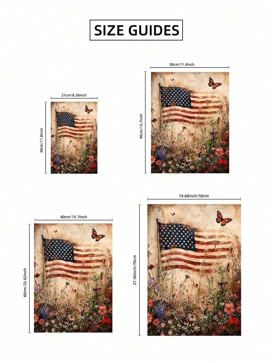 Size guide for American flag canvas print with 21x30 30x40 40x60 and 50x70 cm options