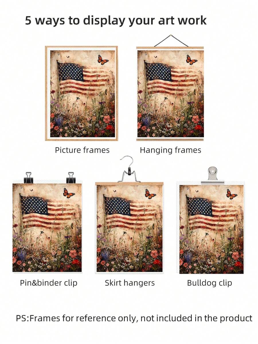 Display options graphic for American flag art with frame hangers clips and clips not included