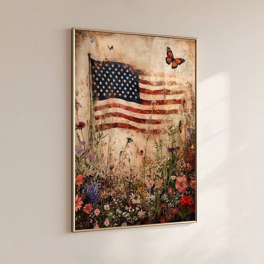 Side view of rustic patriotic flag wall art with floral meadow and butterfly on neutral wall