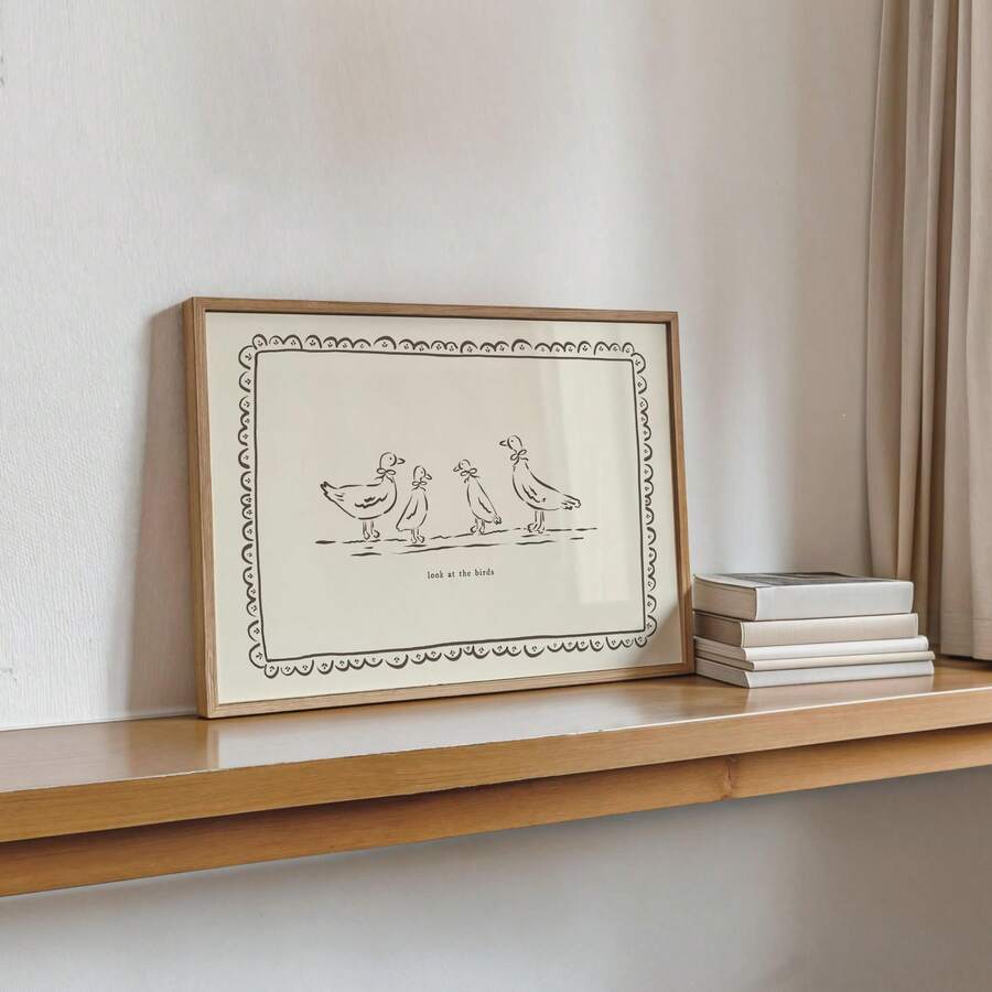 Nursery duck print in natural wood frame mockup