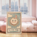 Mystical tarot sun poster with clouds stars and coral accents