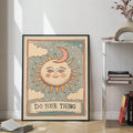 Mystical tarot sun poster with clouds stars and coral accents view 5
