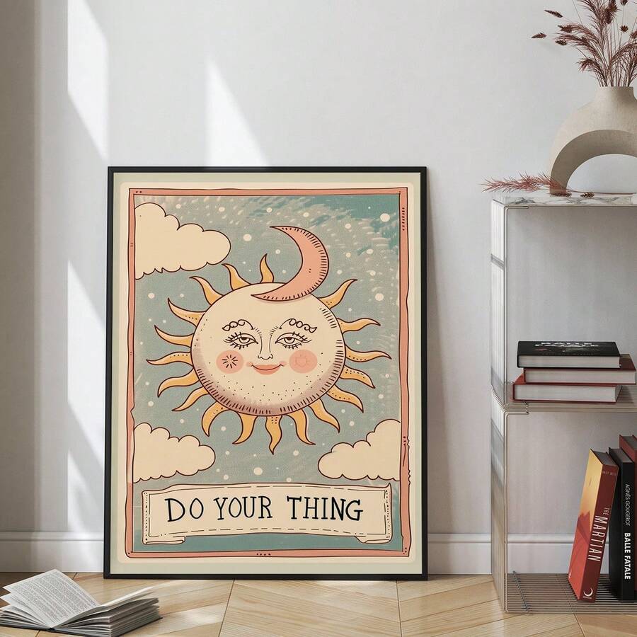 Mystical tarot sun poster with clouds stars and coral accents view 5