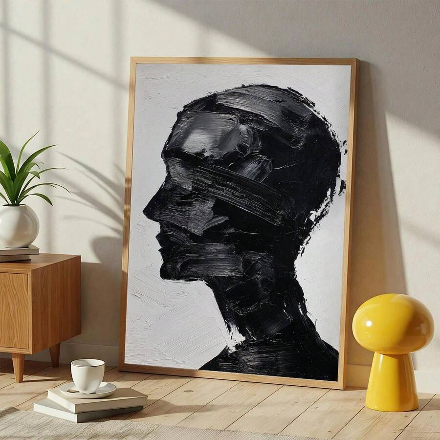 Minimalist abstract portrait print in natural wood frame