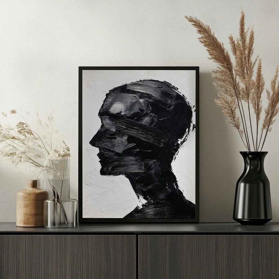 Minimalist abstract portrait print in natural wood frame view 5