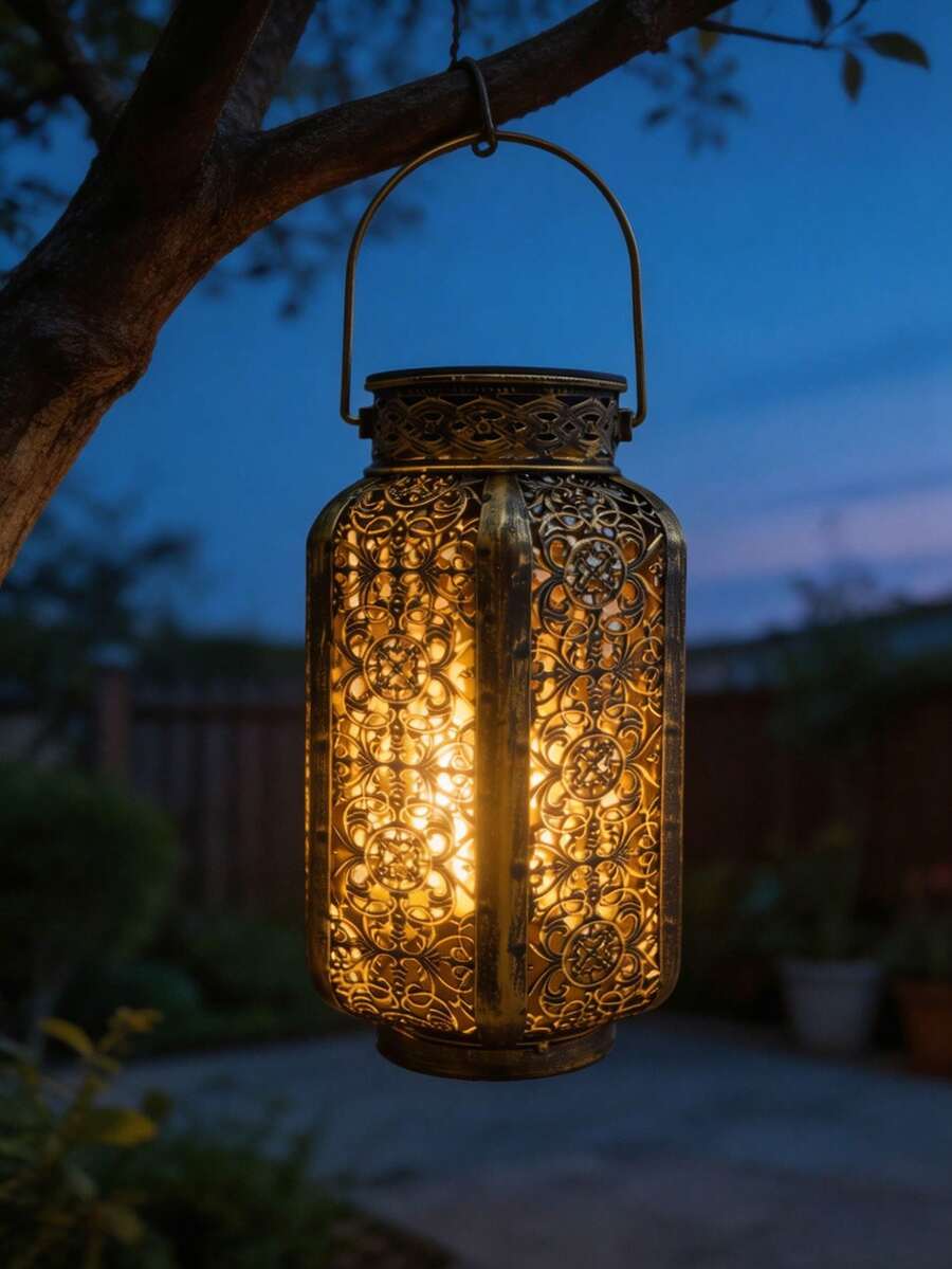 Moroccan lantern product graphic with solar panel battery 8LM and 8 hour light details