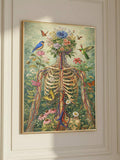 Dark academia decor framed skeleton floral print with exposed ribs vessels and butterflies