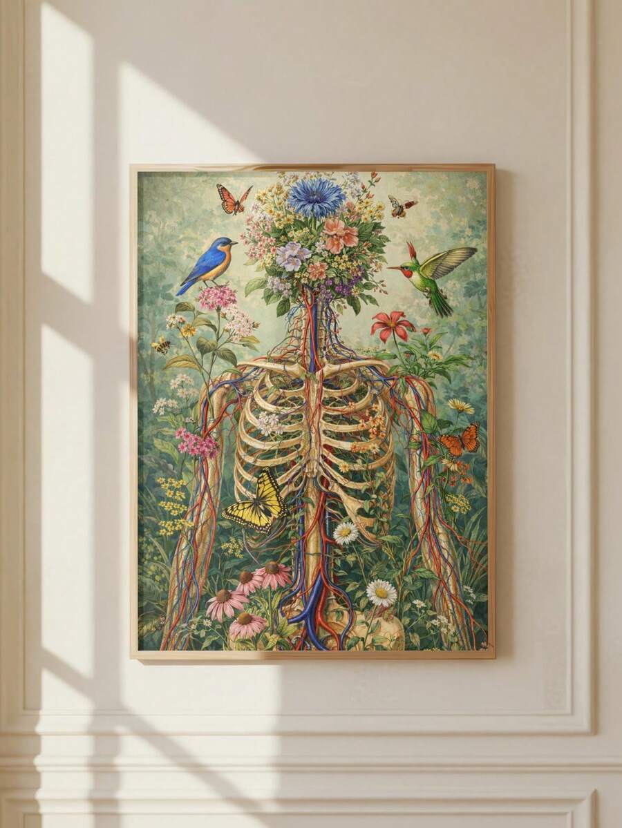 Botanical anatomy print gold frame floor leaning in classical warm interior
