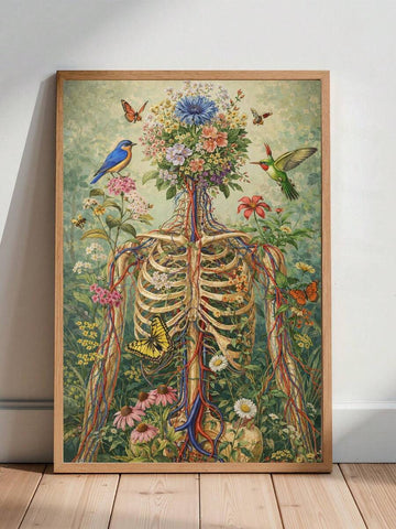 Floral skeleton wall art black frame with ribcage flowers birds butterflies and green botanical background