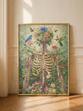 Gothic wall decor with skeleton torso flowers and green vintage botanical illustration