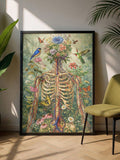 Surreal wall art black frame showing floral ribcage spine roots birds and plants