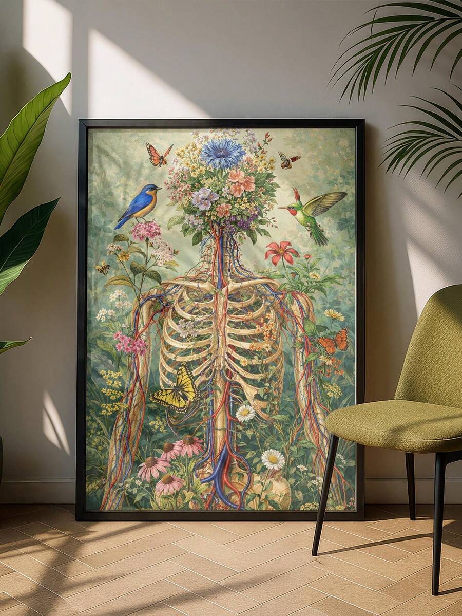 Surreal wall art black frame showing floral ribcage spine roots birds and plants