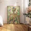 Floral anatomy poster light wood frame near window with flowers birds and butterflies