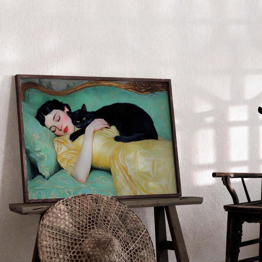 Vintage romantic wall art showing sleeping woman in yellow dress holding black cat on teal bedding