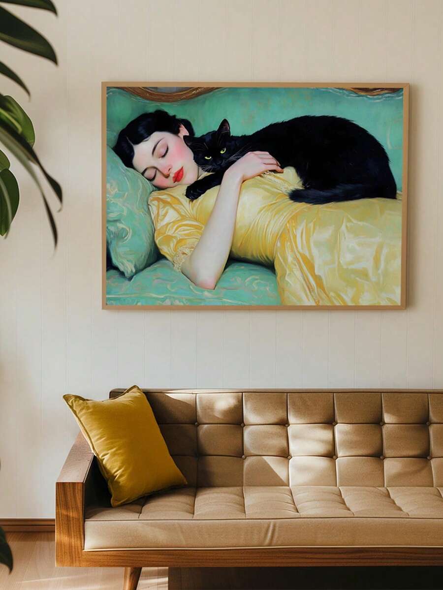 Vintage romantic wall art showing sleeping woman in yellow dress holding black cat on teal bedding