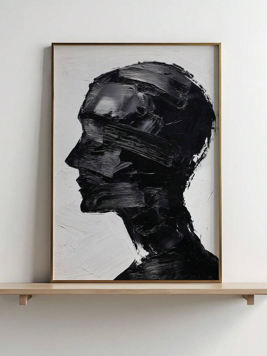 Black abstract side profile portrait canvas with textured brushstrokes