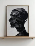 Black abstract side profile portrait canvas with textured brushstrokes