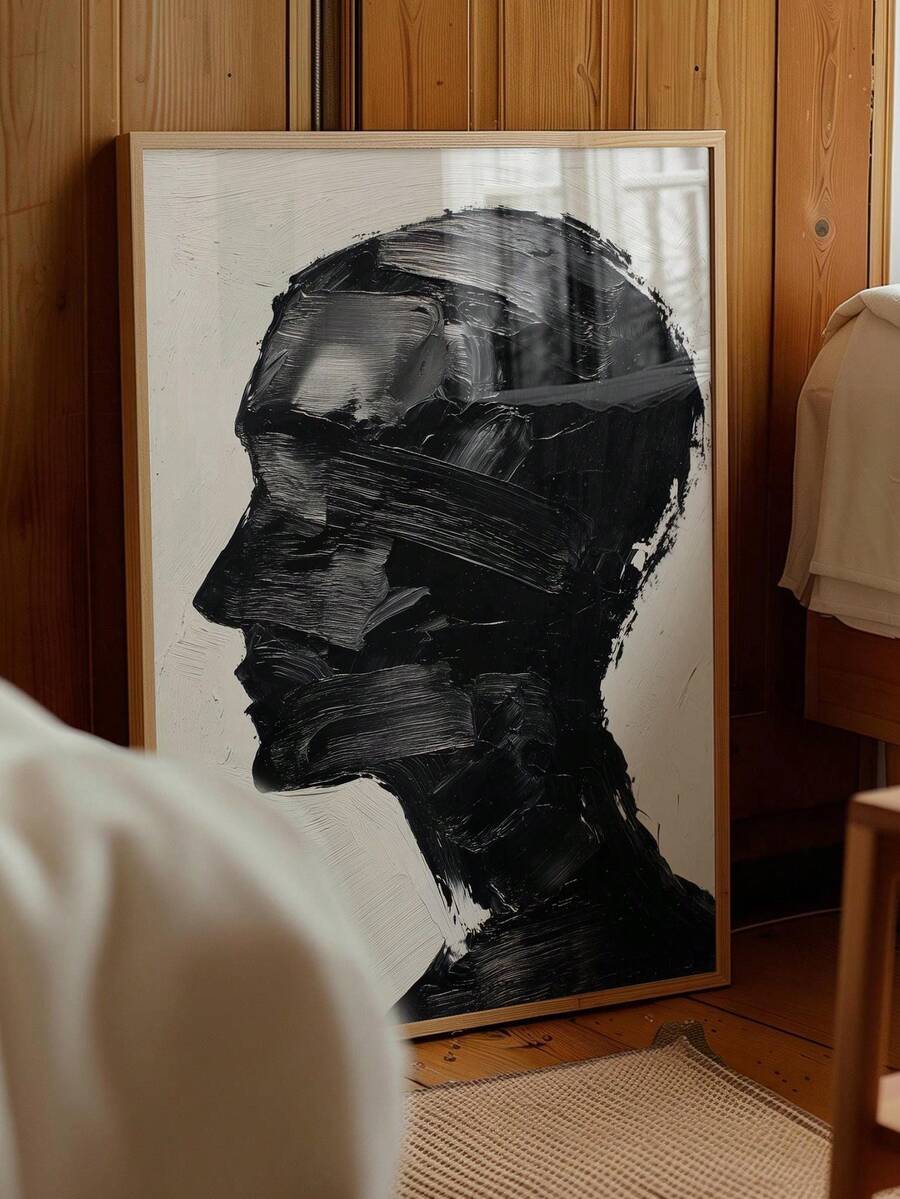Black abstract side profile portrait canvas with textured brushstrokes