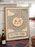 Celestial quote wall art with sun face and crescent moon in retro tarot design